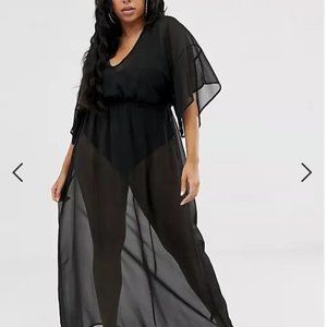NW ASOS kimono sleeve tie back chiffon maxi beach dress in black sz 14